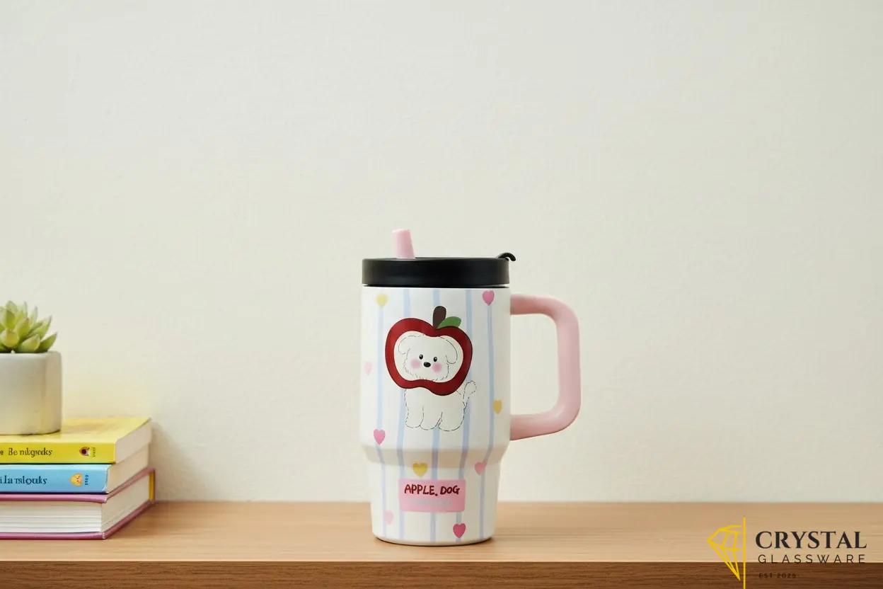 Cute striped thermal mug with a handle, lid, and an "Apple, Dog" puppy
